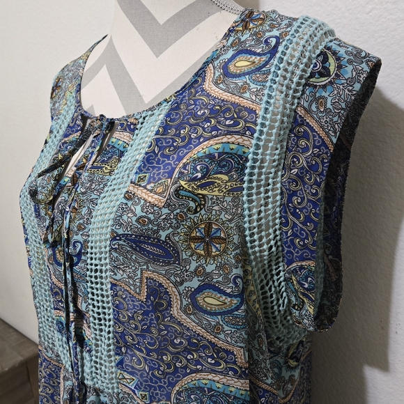 DANIEL RAINN Blue Boho Style Short Cap Sleeve Sheer Blouse Crochet Lace Size 1X - Picture 5 of 10